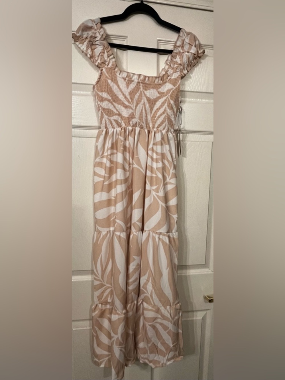 Blush and White Leaf Print Smocked Maxi Dress - Picture 4 of 6